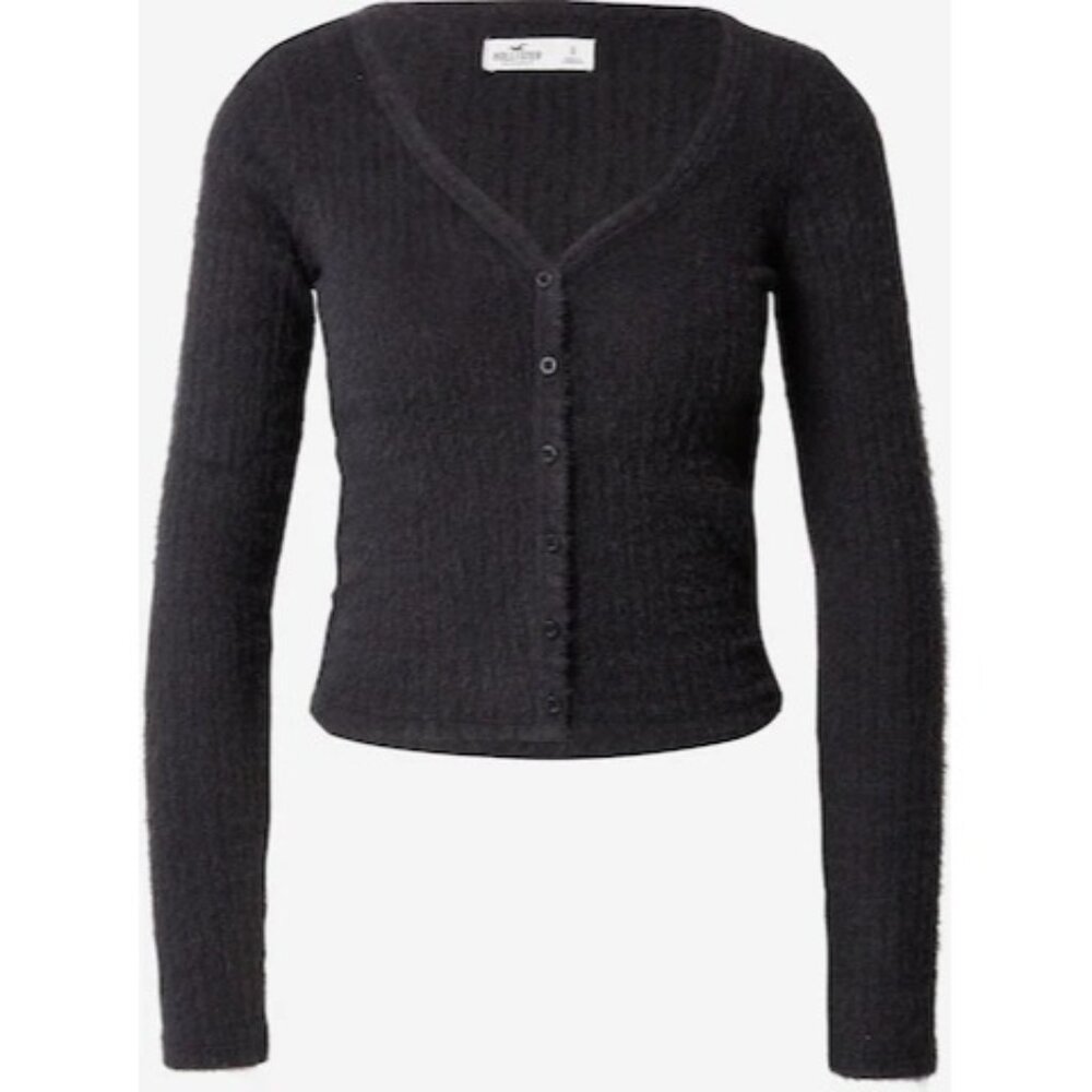 NWT Hollister Black Button Front V-Neck Long Sleeve Soft Fuzzy Sweater Top